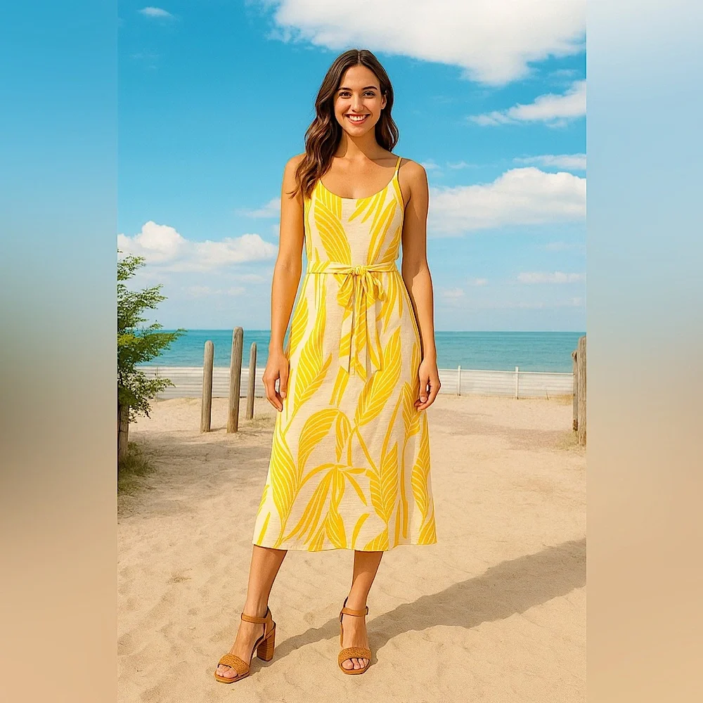 Lascana Yellow Tropical Leaf Print Sundress XL A-Line Belted Midi Dress NWT New - Picture 1 of 5